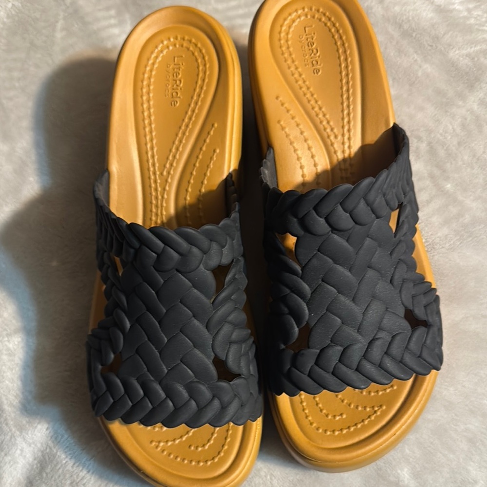 Black and Tan Braided Slide Sandals